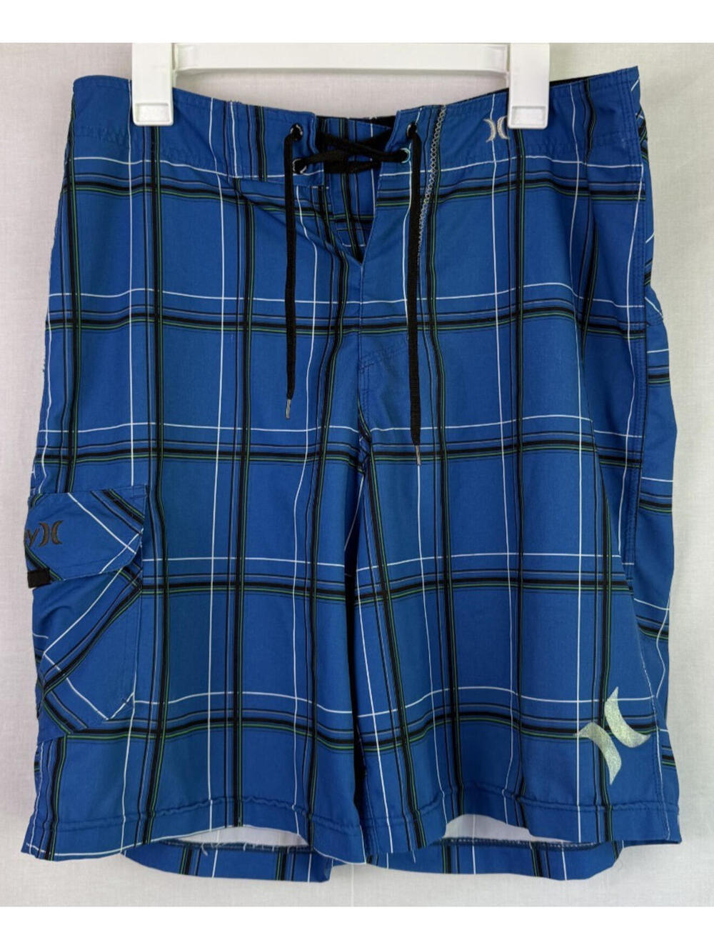 Hurley Phantom Board Shorts Mens Large Blue Plaid Swim Trunks Cargo
